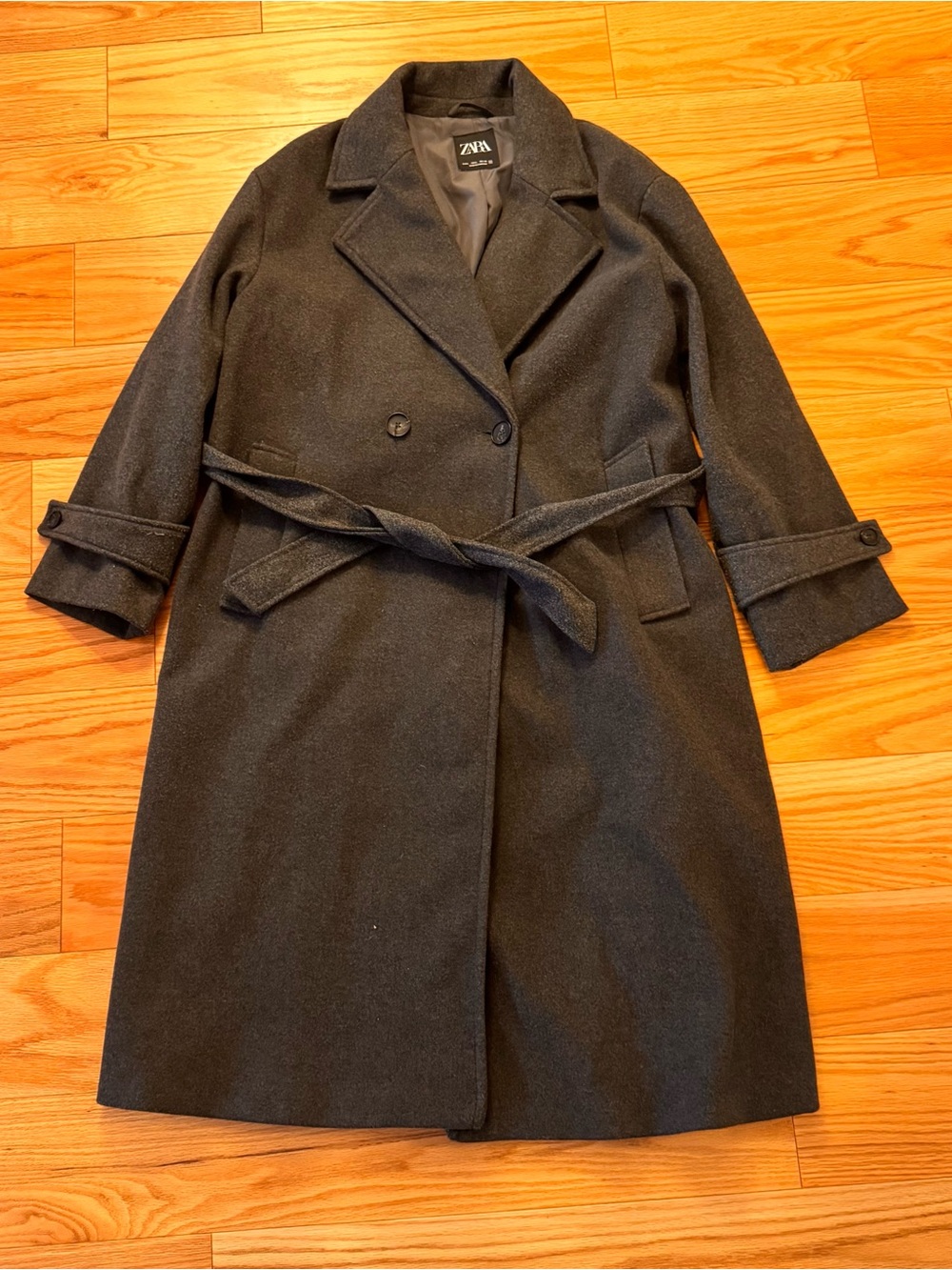 Zara Dark Gray Belted Wool-Blend Trench Coat